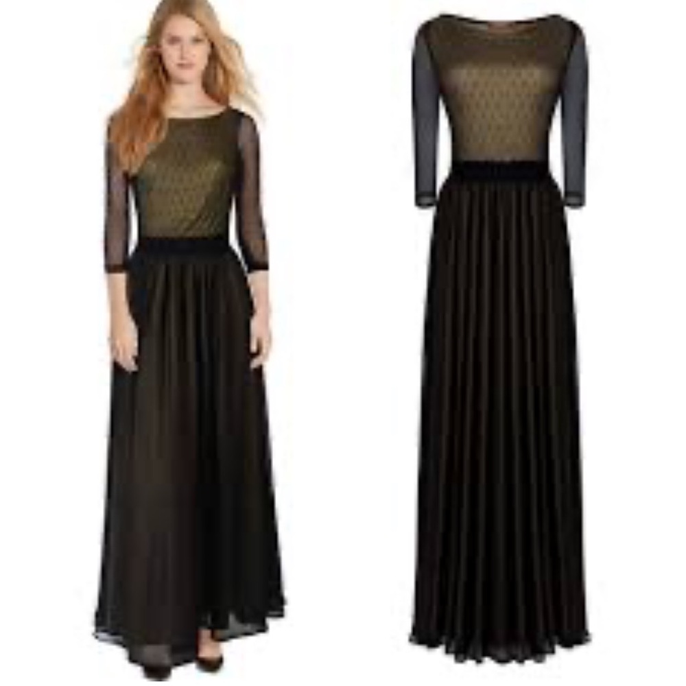 Miusol Tan and Cream Pleated Gown with Bishop Sleeves